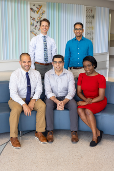 Pediatric Cardiology Fellows 2024-2025: Dr. Peter Barrale, Dr. Moeez Hassan, Dr. Uzoego Chibuzo, Dr. AJ Heaps, Dr. Mayank Sharma.