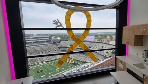 Looking out the window over Kinnick Stadium from the Dance Marathon Pediatric Cancer and Blood Disorders Center.