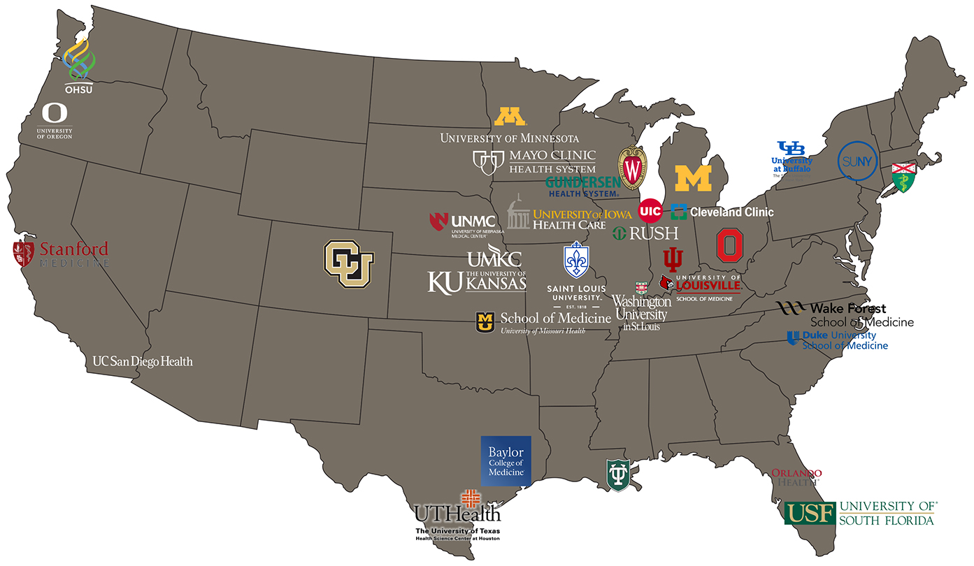 Map with logos of institutions where fellows matched between 2020-2025